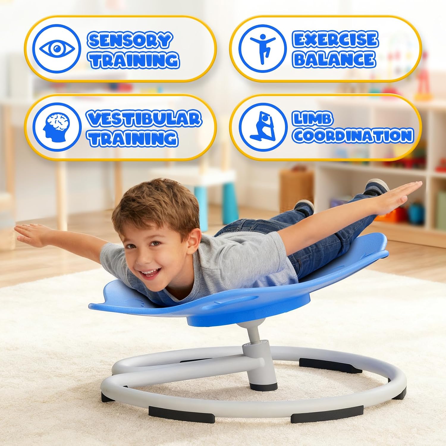 Spinning Chair for Autistic Kids, Sensory Swivel Chairs, Sit and Spin Sensory Toys with Grippable Handle Design, Trains Body Coordination, Autism ADHD Chairs Indoor Outdoor Play Equipment (Blue)