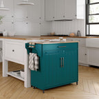 Wood Kitchen Island with Storage, Rolling Kitchen Island On Wheels, Mobile Island Trolley Cart Sideboard Cabinet with Towel Rack, Spice Rack, Adjustable Shelf, Wooden Top & Large Drawer, Dark Green