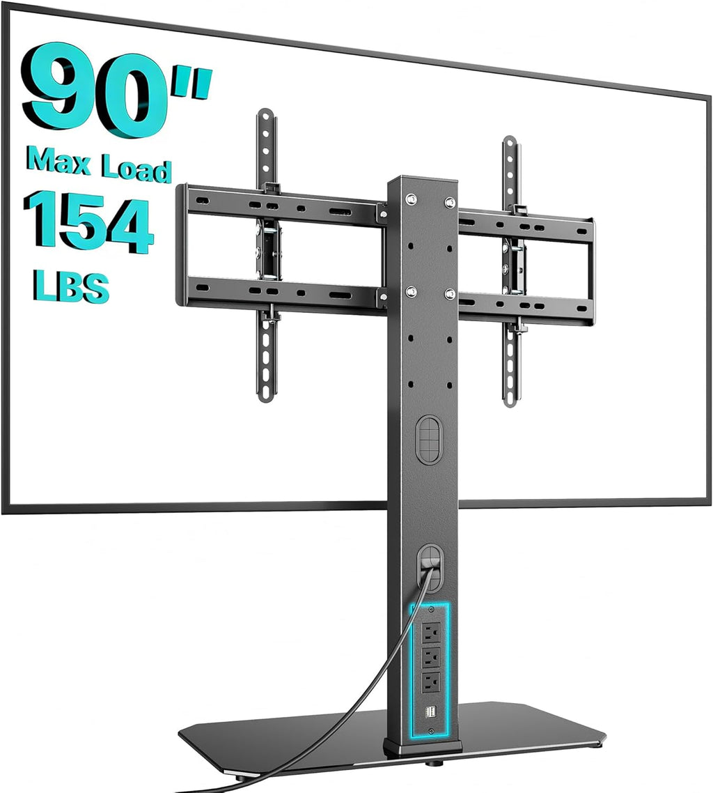 Pegzone Universal TV Stand Swivel with Power Outlet for 43-90'' TVs, Holds 154 lbs, Height Adjustable Large Table Top TV Stand, VESA MAX 600x400mm