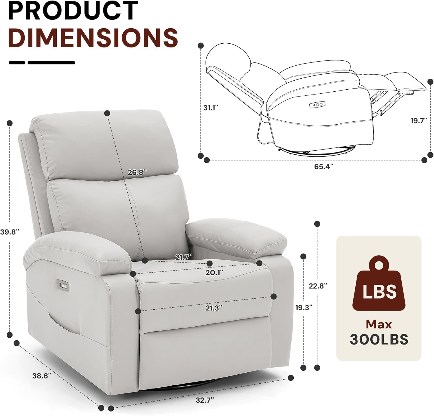 Korser Power Swivel Rocker Recliner Chair. Electric Glider Rocking Chair Nursery with Massage & Heat. PU Leather Nursery Rocking Chairs with USB & Type-C Ports for Living Room, Bedroom, Nursery, White