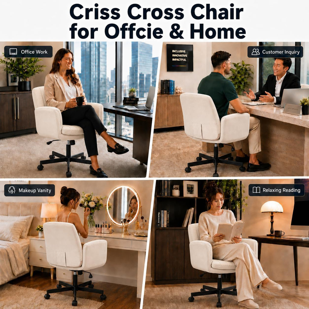 Criss Cross Office Chair with Wheels and Arms, Vanity Chair with Back, Comfy Swivel Cross Legged Office Chairs for Ultimate Comfort and Support, Unique Multifunctional Stylish Arms (Fabric Beige)
