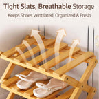 DDRIC The 9-Tier No-Assembly Bamboo Rack, Foldable 9 Tier Bamboo Shoe Rack with Collapsible Vertical Design, Space-Saving Shoe Storage Shelf for Entryway Closet Dorm, No-Tool Assembly (Nuture,9)