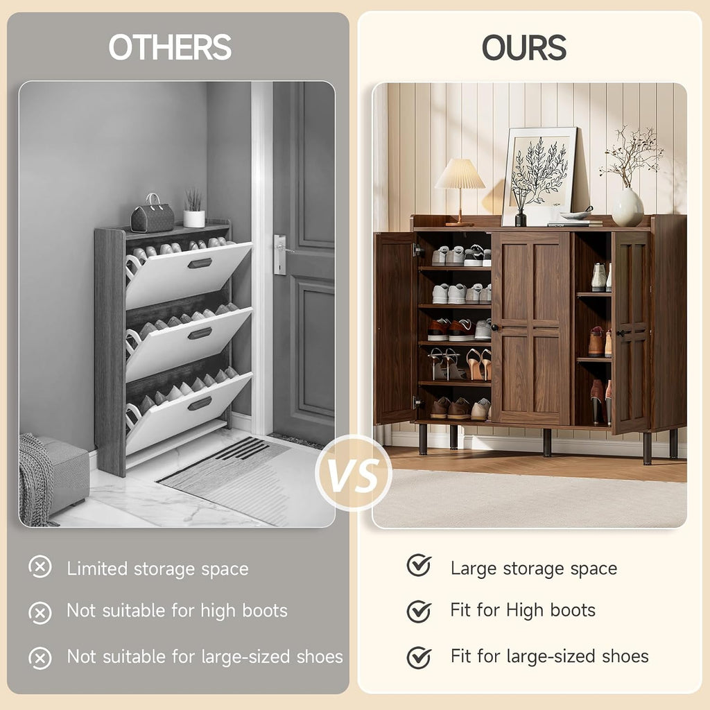 ONBRILL Shoe Cabinet with 3 Doors and Adjustable Shelves, 30 Pairs Shoe Storage Cabinet, 40 Inch Tall Farmhouse Shoe Rack Shoe Organizer Cabinet for Entryway Living Room Closet, Walnut