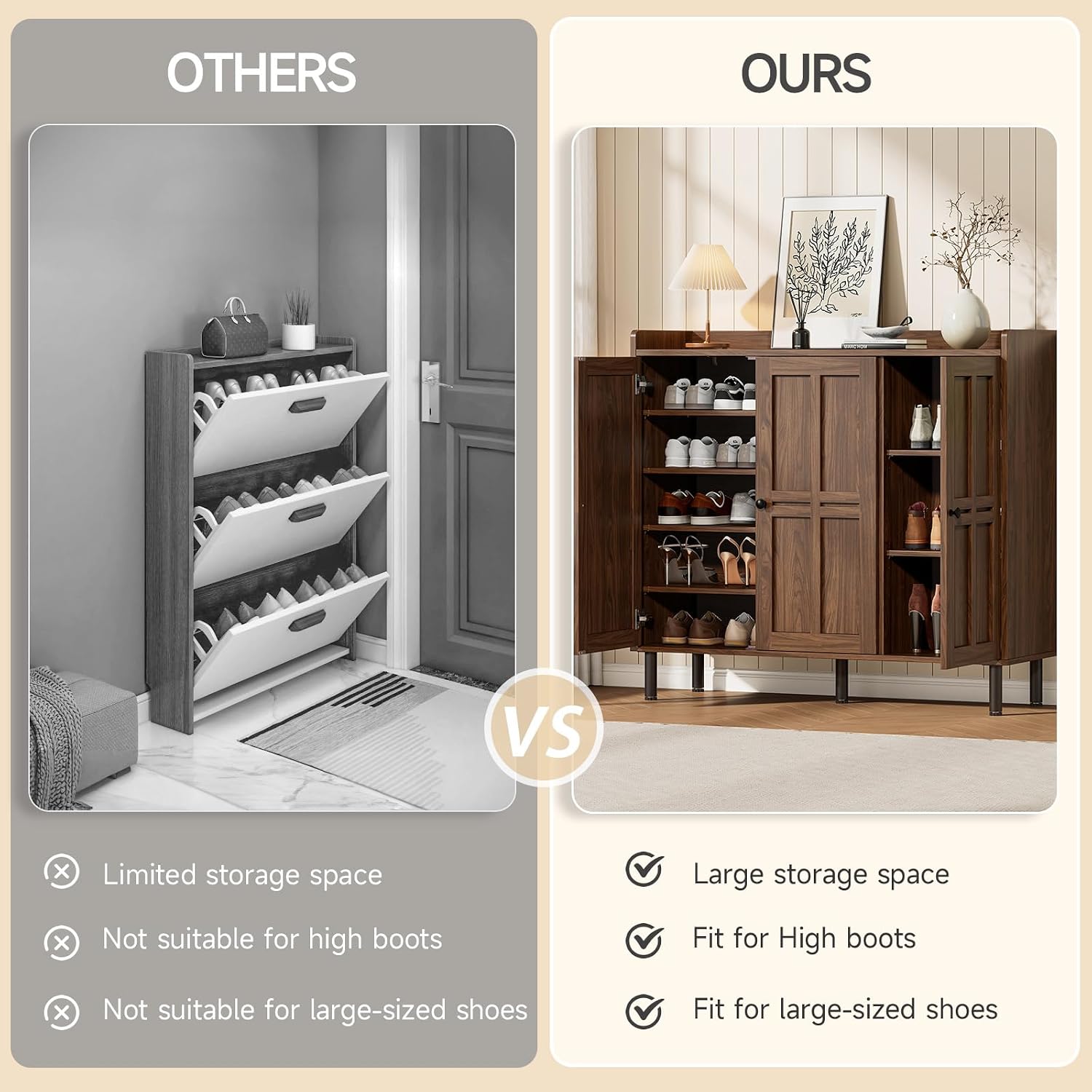 ONBRILL Shoe Cabinet with 3 Doors and Adjustable Shelves, 30 Pairs Shoe Storage Cabinet, 40 Inch Tall Farmhouse Shoe Rack Shoe Organizer Cabinet for Entryway Living Room Closet, Walnut