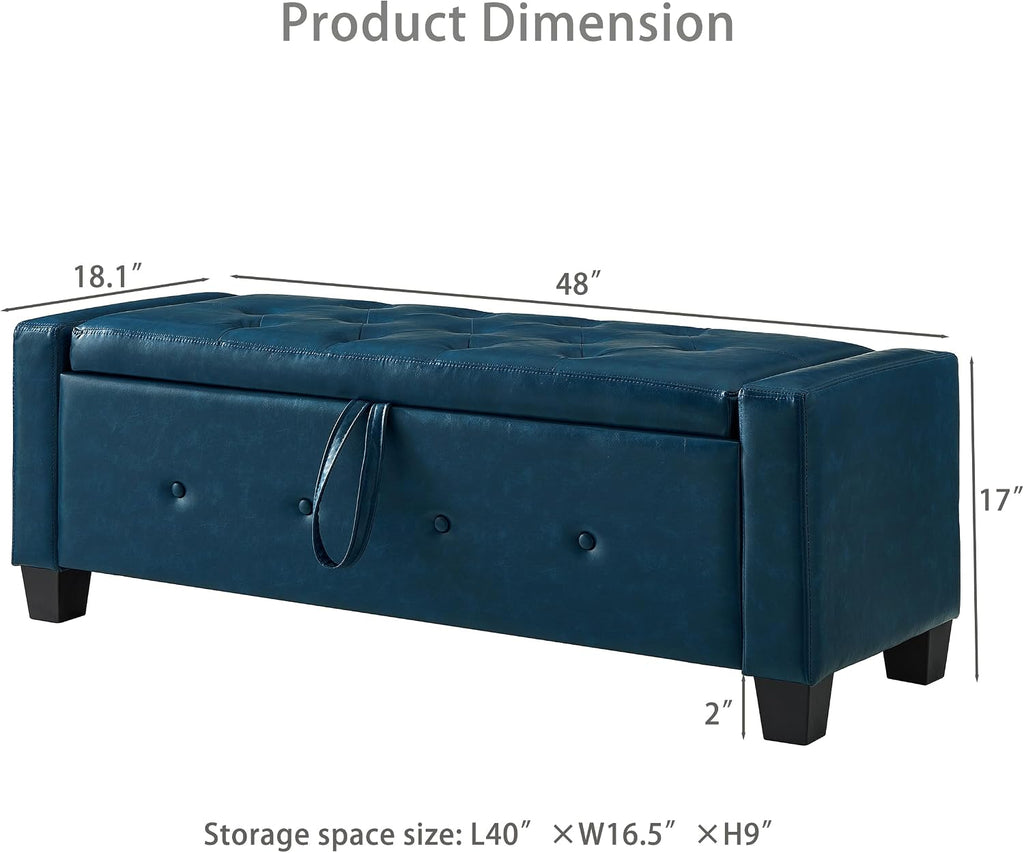 Furniliving Storage Bench, 48‘’ Upholstered PU Leather Ottoman Bench with Button-Tufted, Folding Bedroom Bench with Wood Legs, Entryway Bench for Bedroom, Navy Blue