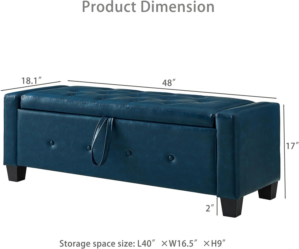 Betoko PU Leather Ottoman Bench with Storage,48" Mid Century Modern Storage Bed Bench for Bedroom,Button Tufted Ottoman Benches with Seating for Living Room,Entryway,Window (PU Blue)