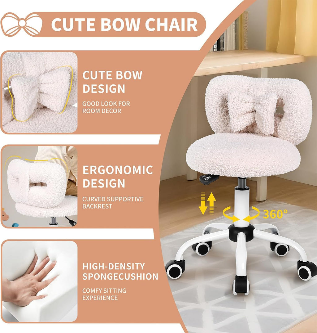 Kids' Desk Chair with Bow Design, Cute Upholstered Swivel Chair with Wheels and Adjustable Height, Small Comfy Armless Chairs for Girls/Children (Cream)