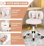 Kids' Desk Chair with Bow Design, Cute Upholstered Swivel Chair with Wheels and Adjustable Height, Small Comfy Armless Chairs for Girls/Children (Cream)