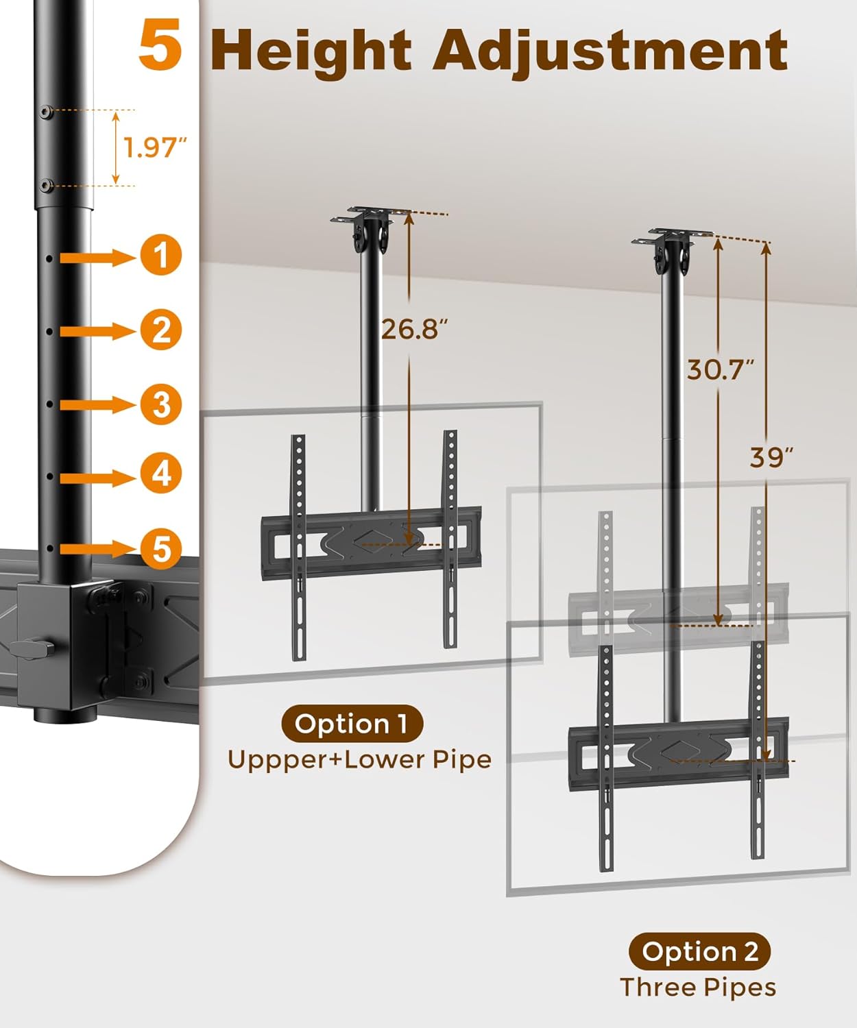 39” Ceiling TV Mount for 26-65 Inch LCD LED OLED 4K TVs, Heavy Duty Hanging TV Ceiling Mount Bracket with Height Adjustable Extension Pole for Home Patio Gazebo, Max VESA 400x400mm, Holds 110lbs