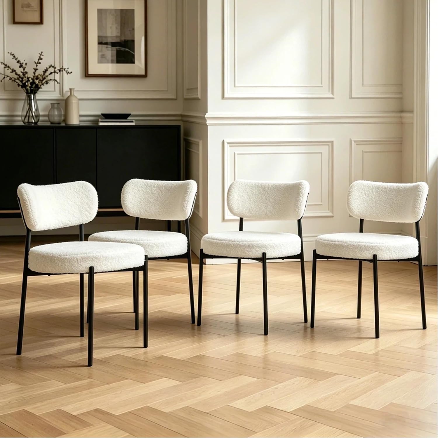 Boucle Dining Chair Set of 6, Mid Century Modern Upholstered Kitchen Chairs with Curved Backrest & Black Metal Legs, Round Dining Room Chairs, White