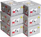 Lavatelli: Storage Box 6 Pack: Large - Snoopy - Grey, Lid & Handles, Decorative Cardboard Organizer, Stack-Fold, Home-Clothes-Toys, 19.7 x 15.4 x 9.4"