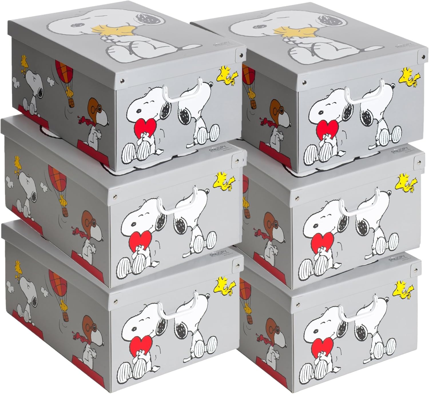 Lavatelli: Storage Box 6 Pack: Large - Snoopy - Grey, Lid & Handles, Decorative Cardboard Organizer, Stack-Fold, Home-Clothes-Toys, 19.7 x 15.4 x 9.4"