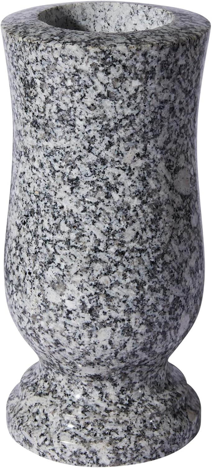 Granite Cemetery Vase for Grave Heavy 9.2 Lbs Windproof 3 Inch Opening | Natural Stone for cemetery and memorial gardens. Wide 4.7 inch and 10 inch tall. Side drainage hole prevents freeze cracking.