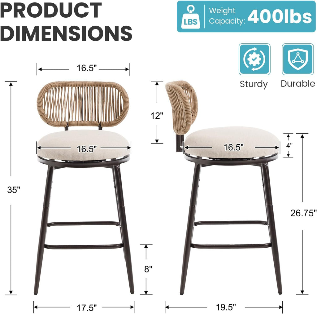 Outdoor Swivel Counter Bar Stools Set of 4, 360° Woven Rope Bar Chairs with Cushioned Seat & Metal Frame, Modern Farmhouse Counter Stools for Patio & Bar Area, Beige