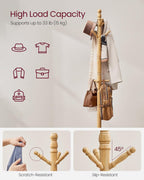 VASAGLE Solid Wood Coat Rack and Stand, Free Standing Hall Coat Tree with 10 Hooks for Hats, Bags, Purses, for Entryway, Hallway, Rubberwood, Natural Beige URCR003Y01