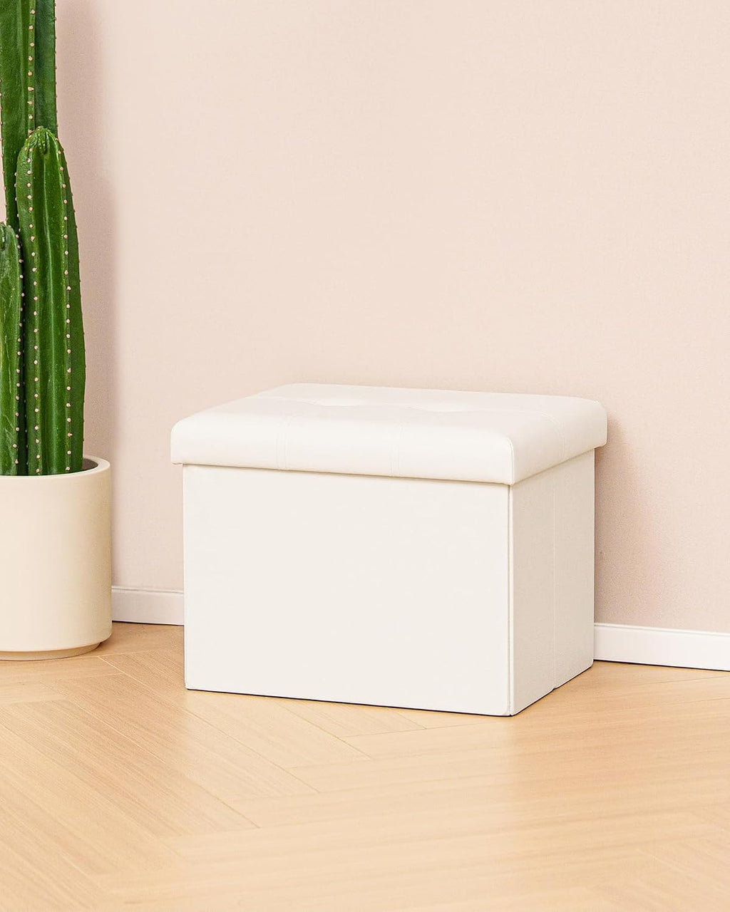 B FSOBEIIALEO Folding Storage Ottoman, Faux Leather Footrest Seat Coffee Table Toy Chest Kids, White 16.5"x12.6"x12.6"
