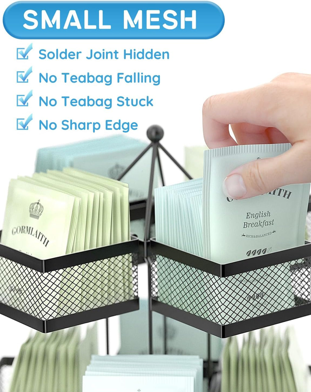 Tea Bag Organizer, Tea Bag Storage Holder Spinning Carousel 96 Teabags Container, Lazy Susan Coffee Creamer Sweetener Tea Caddy for Kitchen Counter Cabinet Pantry Shelf Organizer