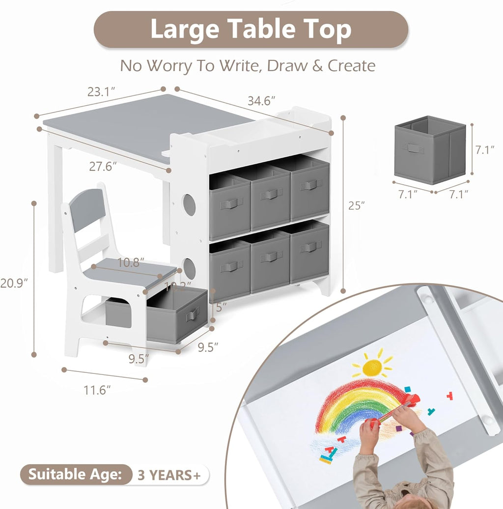 Kinder King Kids Art Table & Chair Set, Wood Toddler Activity Table for Kids Drawing, Reading, Studying, Crafting, Playing, 8 Removable Bins, Paper Roll for Playroom, Nursery, Grey