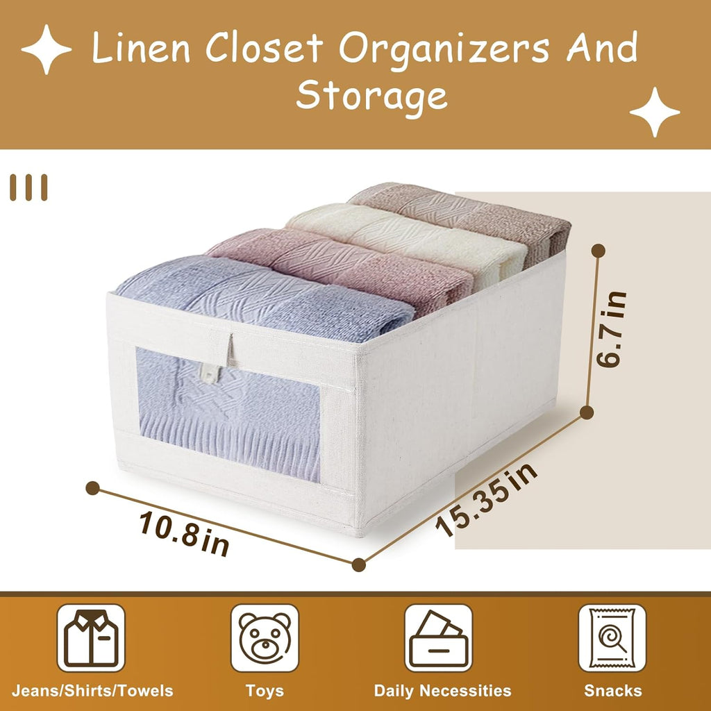 3 Pack Linen Storage Bins with Clear Window - Foldable Fabric Closet Organizer Shelf Baskets for Clothes, Toys, Towels, Jeans, Books, Shelves, 16"x11"x7" (Beige)