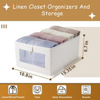 3 Pack Linen Storage Bins with Clear Window - Foldable Fabric Closet Organizer Shelf Baskets for Clothes, Toys, Towels, Jeans, Books, Shelves, 16"x11"x7" (Beige)