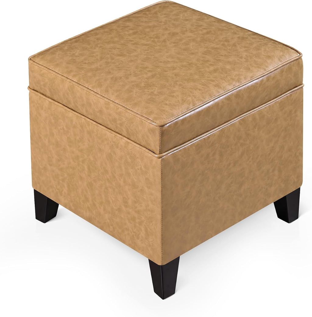 17” Faux Leather Storage Ottoman with Wooden Legs, Upholstered Square Flip-Top Footrest, Extra Seat or Coffee Table for Living Room, Bedroom, Entryway, Light Brown