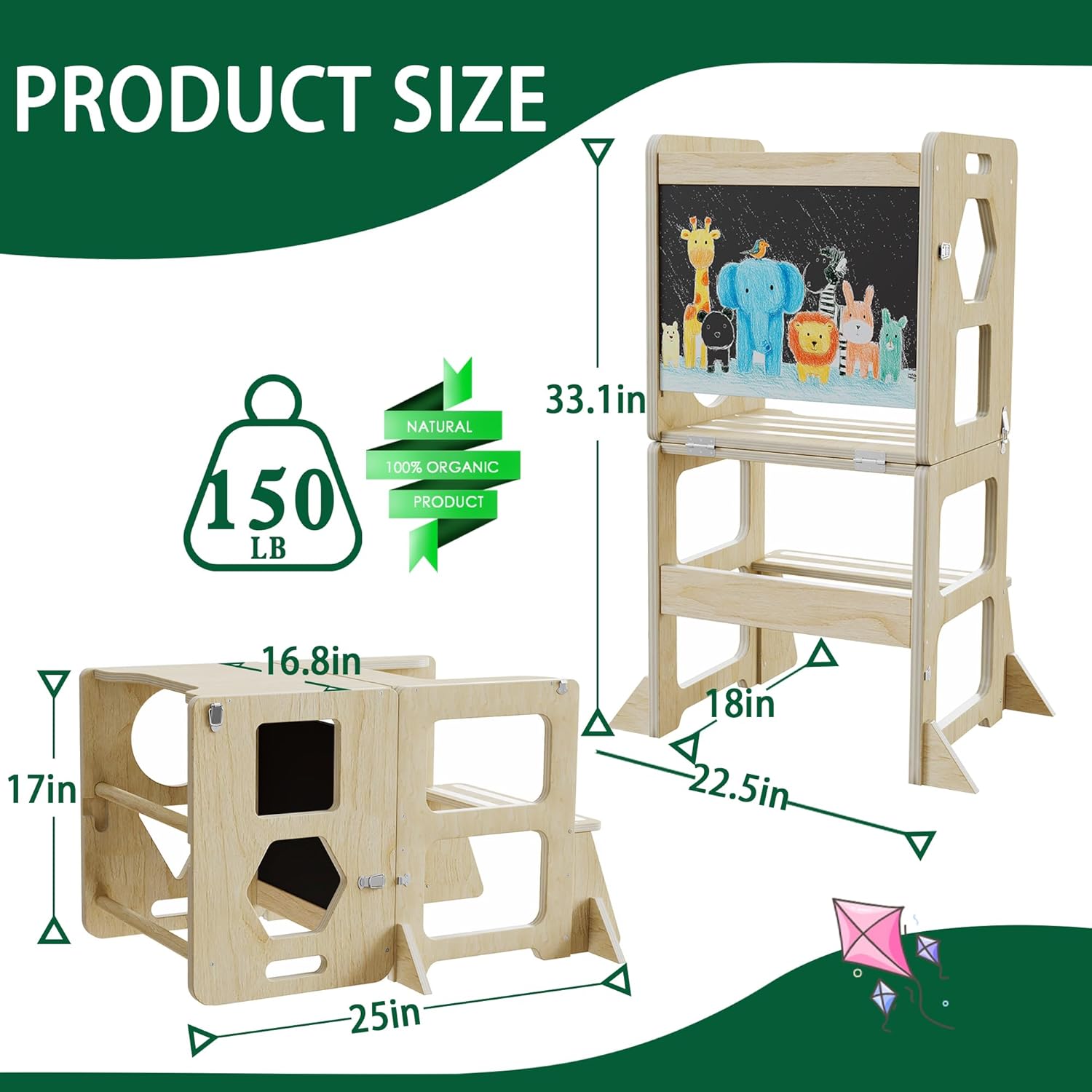 4-in-1 Toddler Kitchen Step Stool,Montessori Foldable Learning Standing Tower with Blackboard, Anti-tip Structure Design,Wooden Kitchen Step Helper Stool for 1-3 Year Old Boy Girl