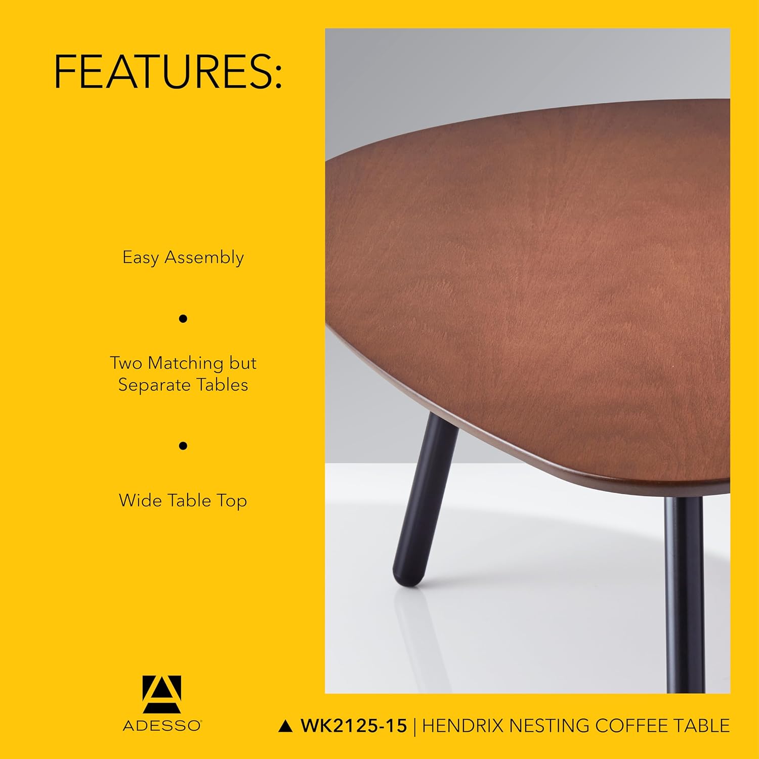 Adesso Set of Two Nesting Coffee Tables – Walnut Oak Veneer and Matte Black Metal Legs – Versatile Modern Accent Tables for Living Rooms, Apartments & Contemporary Homes