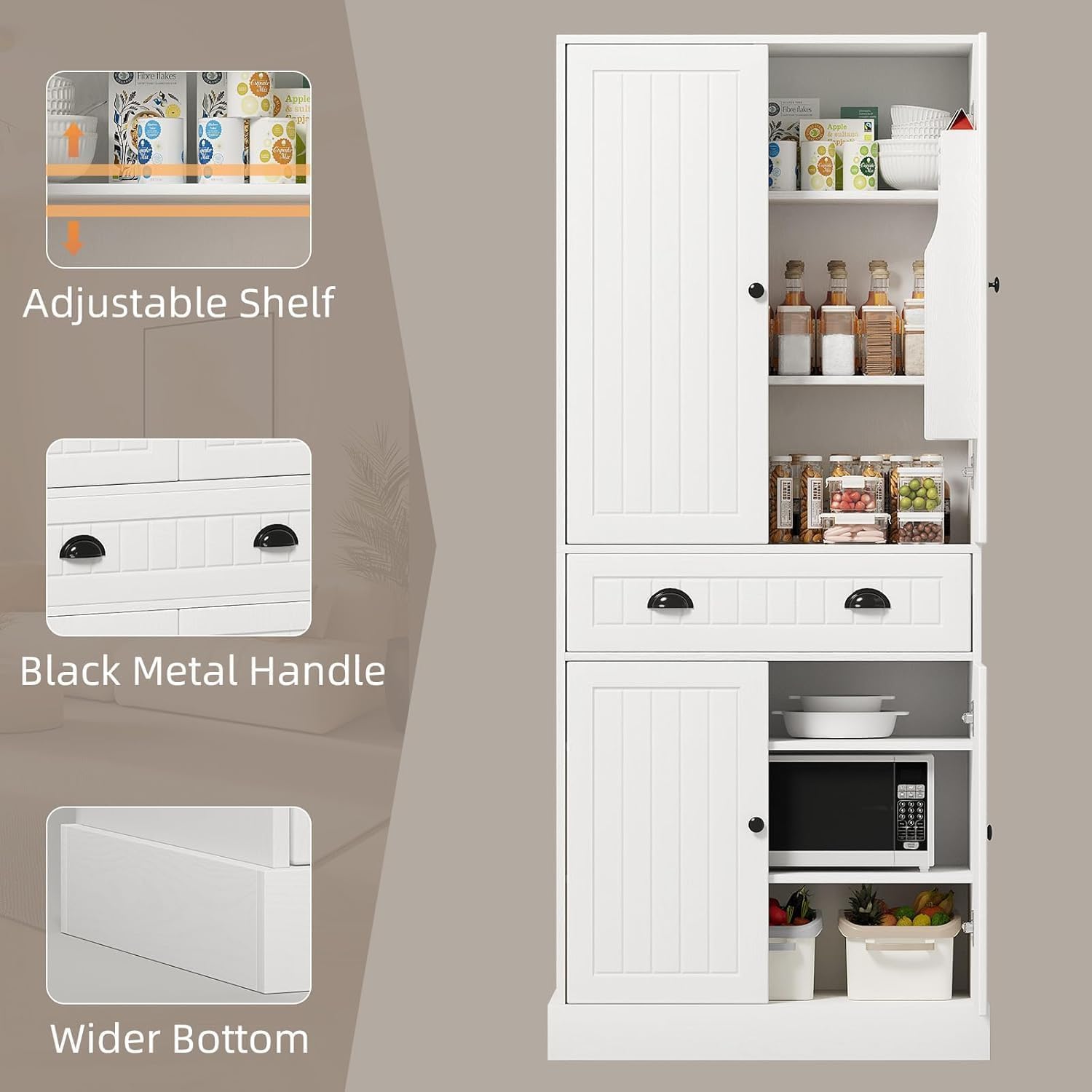 4 EVER WINNER 72" Tall Kitchen Pantry Storage Cabinet, Farmhouse Pantry Cabinet with Adjustable Shelves and Drawers, Rustic Wood Cupboard for Kitchen, Dining Room, Living Room, Bedroom, White