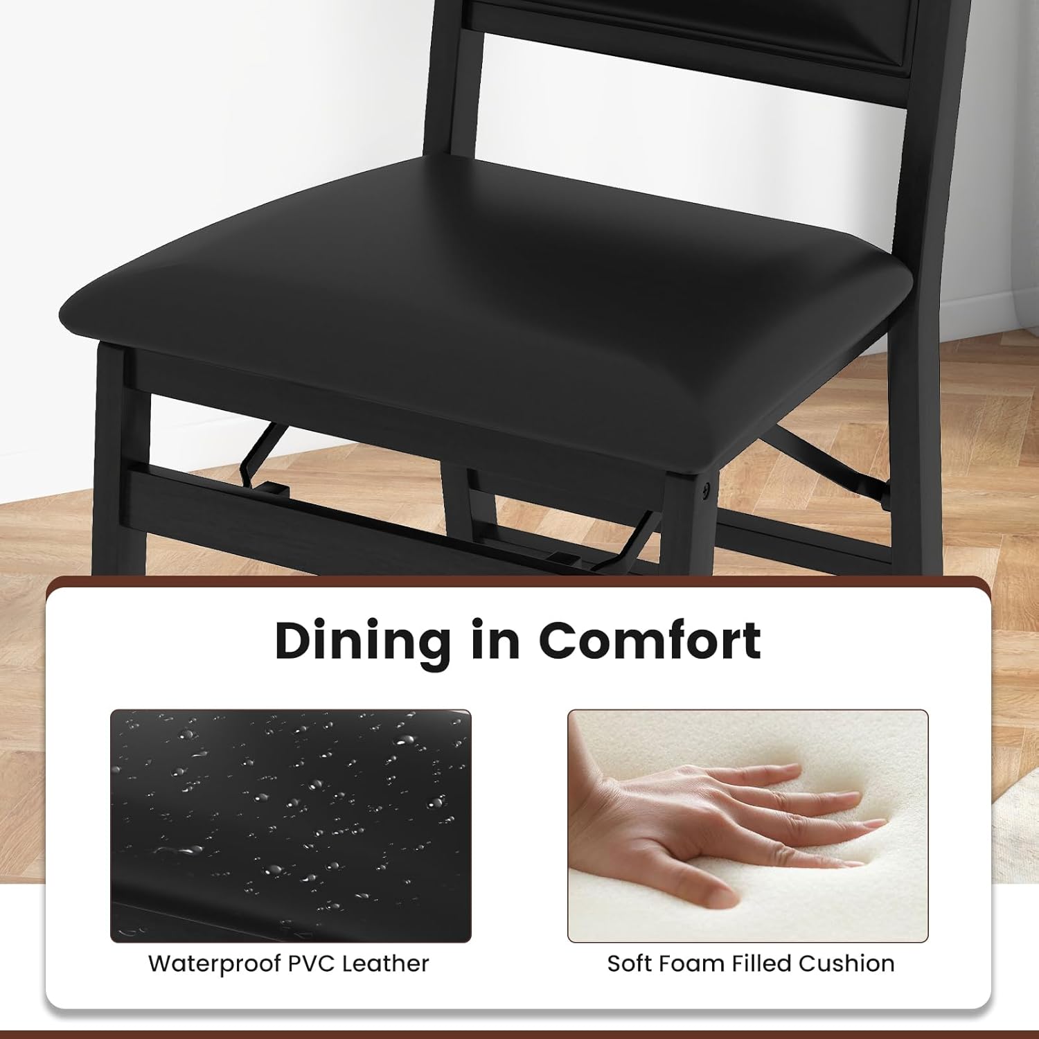 COSTWAY Folding Dining Chairs Set of 2, Wooden Kitchen Side Chairs w/Padded Seat, Solid Wood Frame, 400 LBS Load Bearing, No Assembly Needed, Vintage Foldable Chairs for Dining Living Room, Black