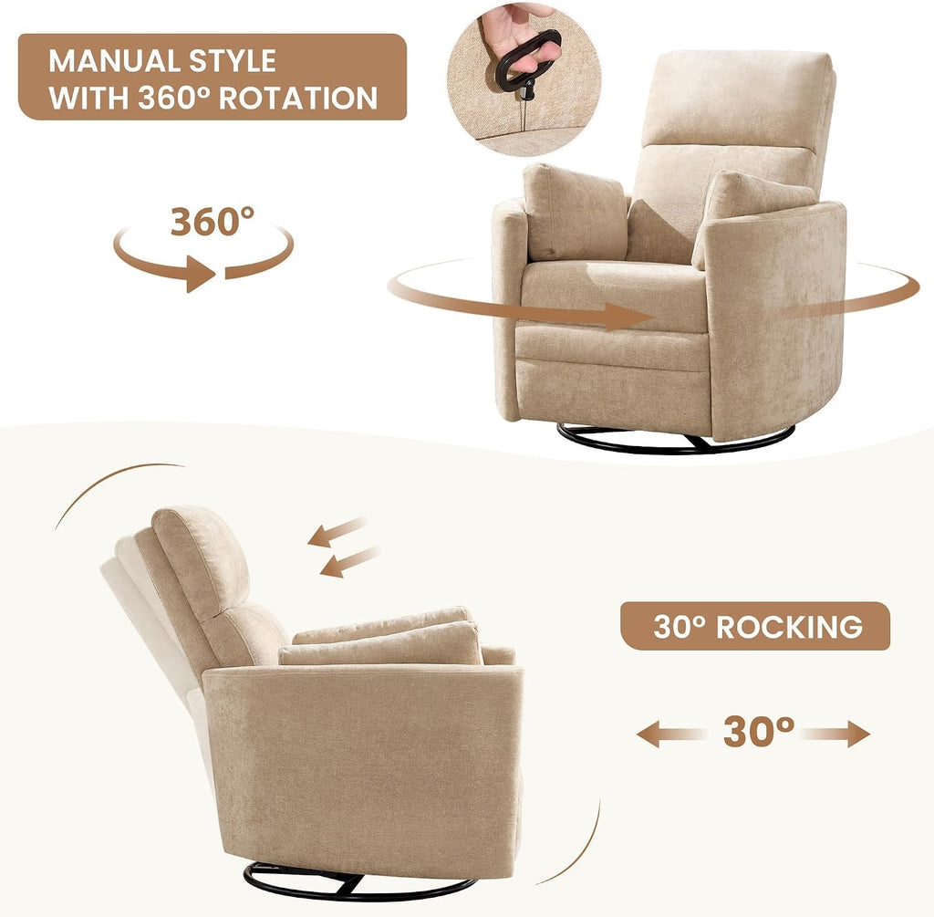 Manual Recliner 360°Swivel Rocking Glider Chair,Upholstered Nursery Adult Recliner Rocker Glider Chair with 2 Pillows for Living Room Bedroom Apartment(Khaki,Manual Operation)