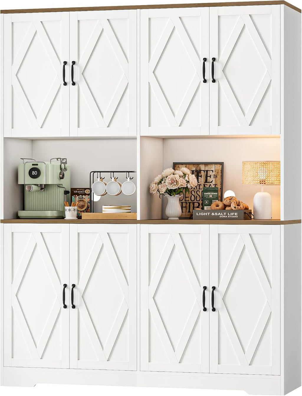HOSTACK 71" Tall Pantry Cabinet, 55" Wide Kitchen Pantry Storage Cabinet, Large Kitchen Hutch with 2 Microwave Stands, Farmhouse Coffee Bar Station with Doors and Shelves for Dining Room, White