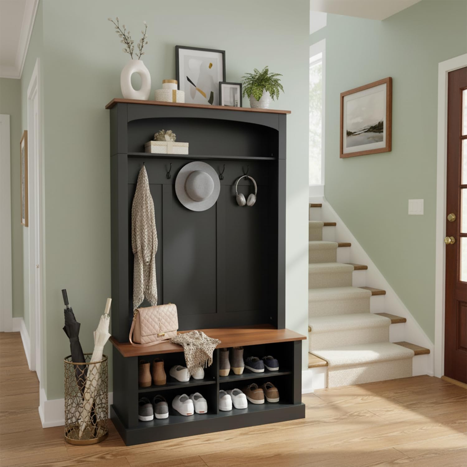 holzart 40.2" Wide Farmhouse Hall Tree with Bench, Entryway Coat Rack & Shoe Storage Cabinet with 5 Hooks, 71" Tall Mudroom Furniture with Adjustable Shelves for Hallway, Foyer, Black