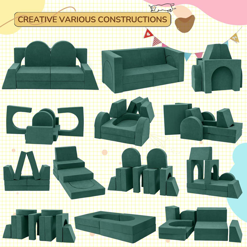 Fvkind 10 Pcs Modular Kids Play Couch for Playroom, Multifunctional Foam Kids Couch, Convertible Sectional Toddler Sofa for Boys and Girls, Toddler Sofa with Premium Foam and Washable Cover, Willow