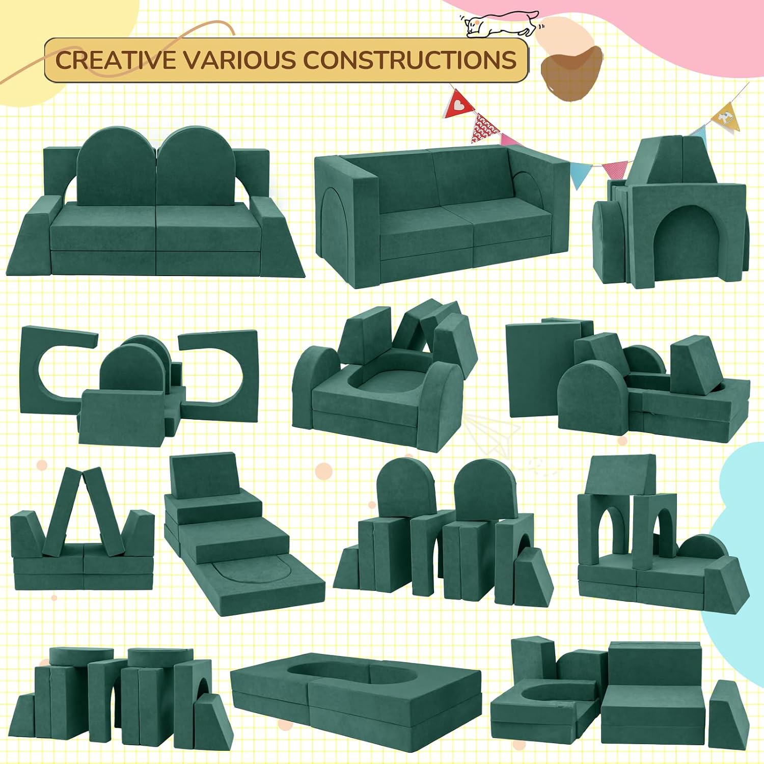 Fvkind 10 Pcs Modular Kids Play Couch for Playroom, Multifunctional Foam Kids Couch, Convertible Sectional Toddler Sofa for Boys and Girls, Toddler Sofa with Premium Foam and Washable Cover, Willow