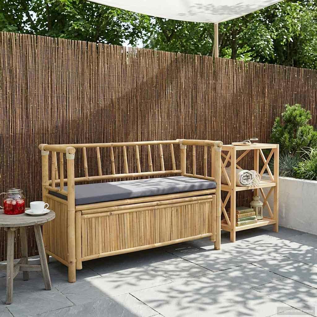 Bamboo Garden Storage Bench 110 x 47 x 80 cm, Outdoor Patio Seat with Hidden Compartment, Natural Finish Post Leg Design for Indoor or Outdoor Use