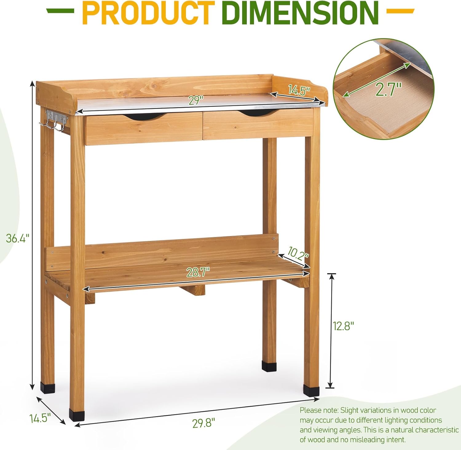 Outvita Outdoor Garden Potting Bench Table Work Bench with 2 Drawer, Storage Shelf, Metal Tabletop, 3 Hooks for Horticulture, Natural Wood