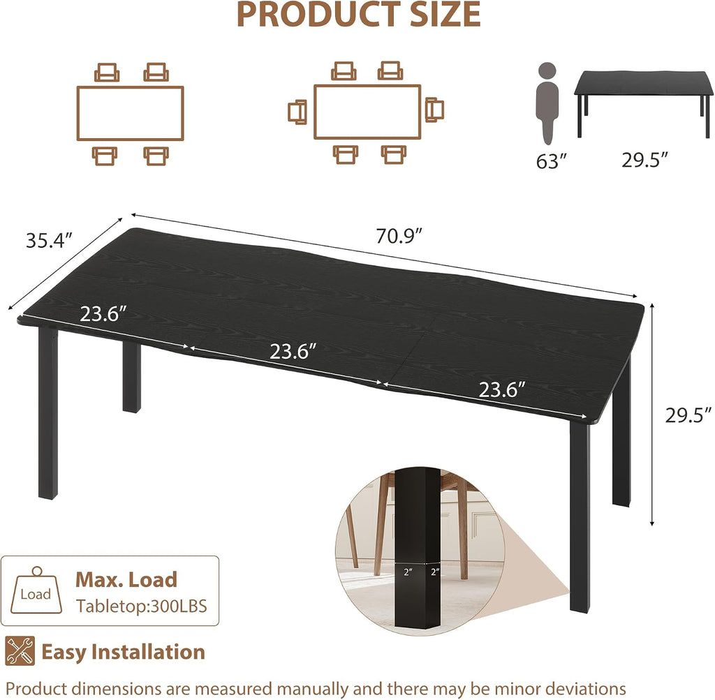 IDEALHOUSE Dining Room Table for 6-8 People, 71”Dining Table, Kitchen Table with Iron Legs and Irregular Desktop, Quick Assembly, 300 Lbs Capacity, for Kitchen, Living Room, Black(Only Table)