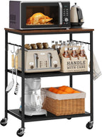 Homleke 3-Tier Rolling Kitchen Microwave Cart, Kitchen Utility Cart on Lockable Wheels, Coffee Bar Table Station with 6 S-Shaped Hooks, Small Appliance Storage Shelf, Rustic Brown and Black