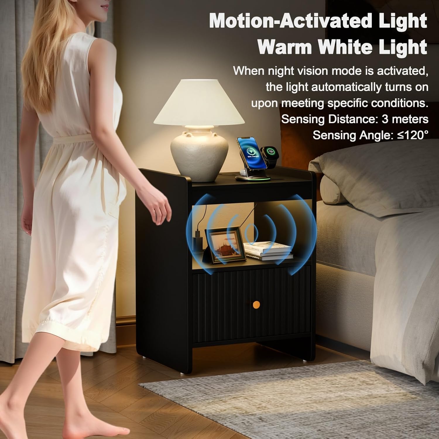 HIFYOBRO 21.6" Fluted Nightstand, End Table with Charging Station and LED Light, Modern End Side Table with Drawer (Black)