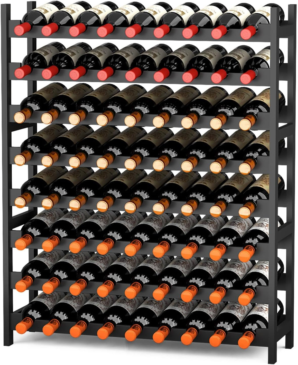 Wine Rack Freestanding Floor, Bamboo 8-Tier 69 Wine Bottle Holder Racks Countertop Cabinet Display, Wooden Stackable Modular Wine Storage Organizer Shelves for Kitchen Bar Cellar Dining Room Black