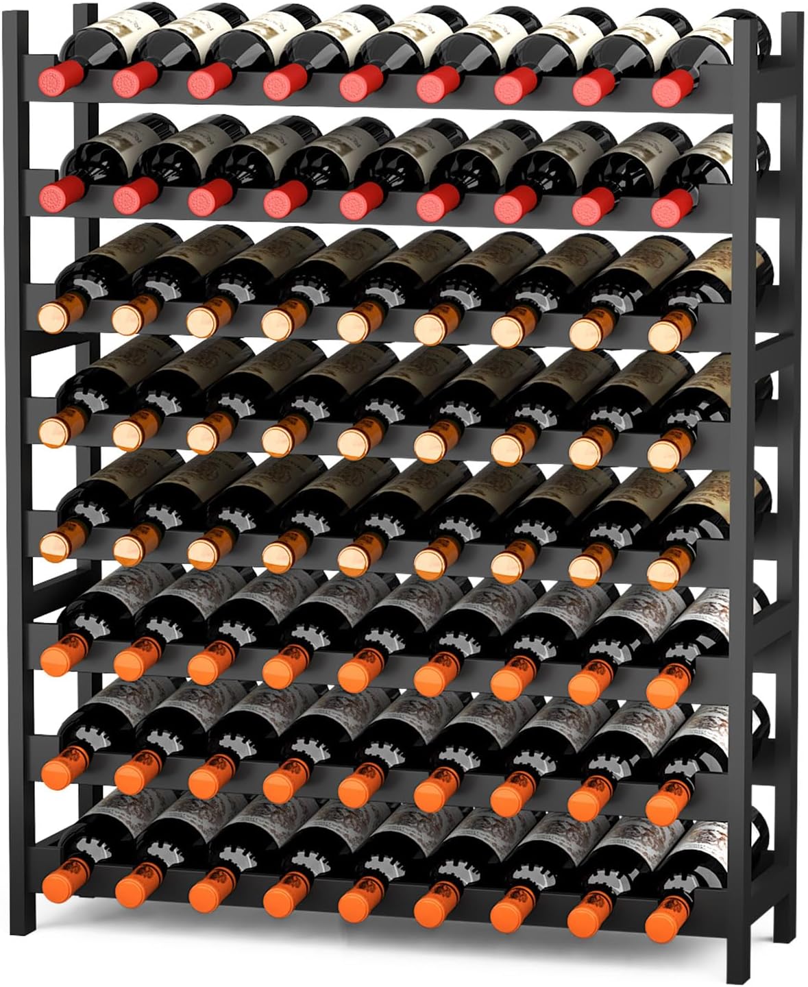 Wine Rack Freestanding Floor, Bamboo 8-Tier 69 Wine Bottle Holder Racks Countertop Cabinet Display, Wooden Stackable Modular Wine Storage Organizer Shelves for Kitchen Bar Cellar Dining Room Black