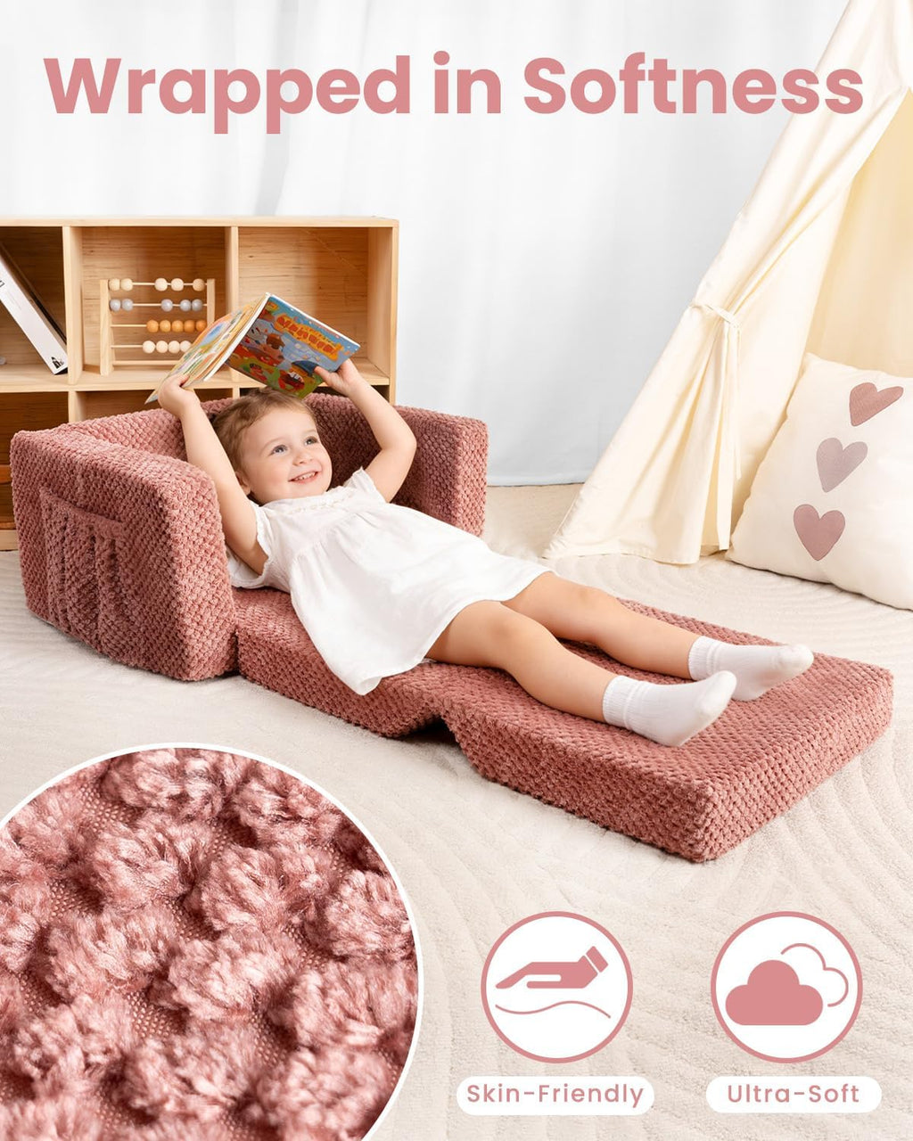 TinyPalsa Foldable Toddler Couch with Soft Sherpa Cover, 2-in-1 Comfy Toddler Sofa & Lounger for 3+ Years Old Girls Boys, Kids Chair with Pockets & Handle for Reading, Playroom (Pink)