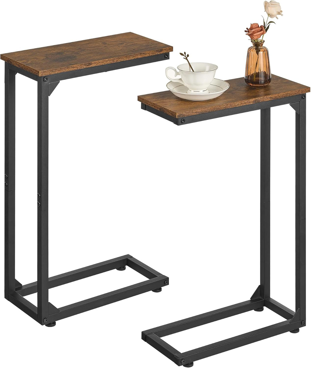 DALEMHOME C Shaped End Table, Couch Table That Slide Under, Small Side Table for Couch, Sofa and Bed, TV Trays Set of 2 for Small Space, Living Room, Bedroom, Bedside, Rustic Brown HKET1003-2BR