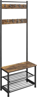Yaheetech Metal Hall Tree with Shoe Storage Bench Entryway Coat Rack with 2 Shoe Shelves & 9 Movable Hooks, Rustic Brown