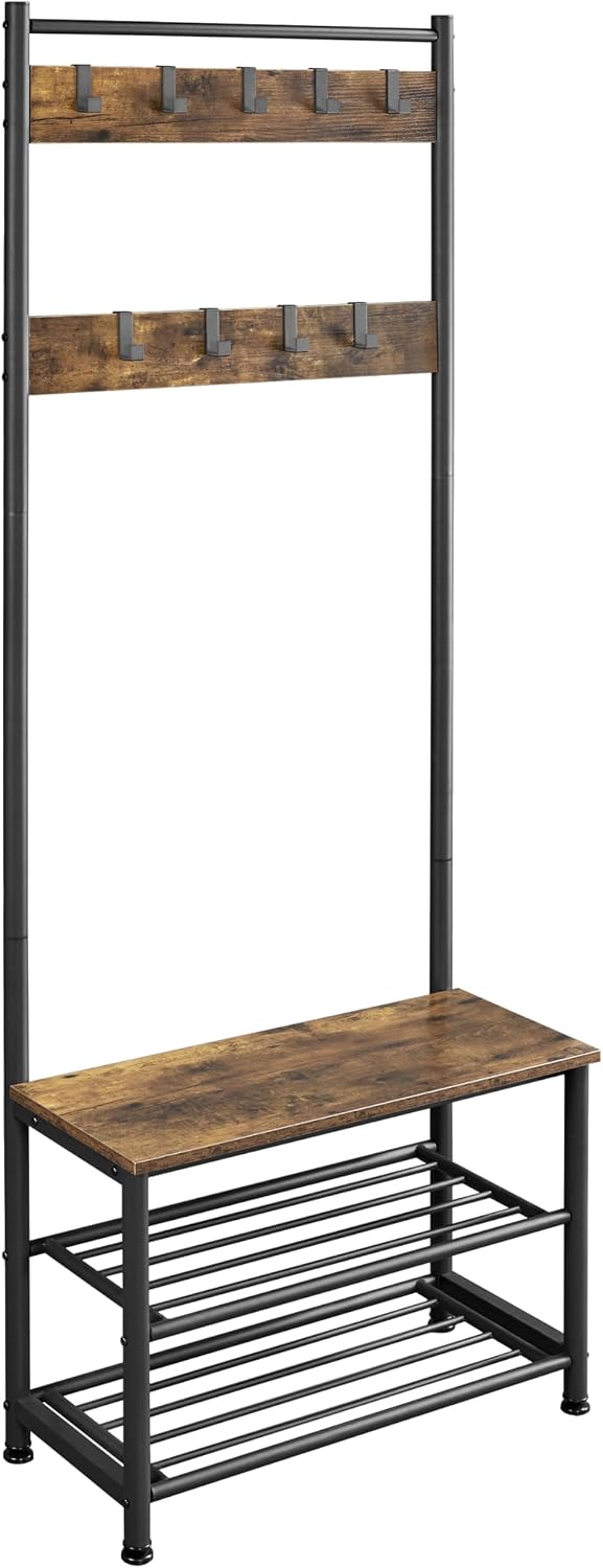 Yaheetech Metal Hall Tree with Shoe Storage Bench Entryway Coat Rack with 2 Shoe Shelves & 9 Movable Hooks, Rustic Brown