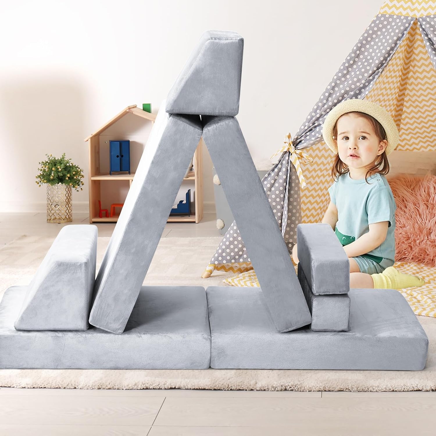 whiffee 10Pcs Kids Play Couch,Toddler Sofa,Modular Kids Couch for Playing, Creativing, Sleeping (Grey)