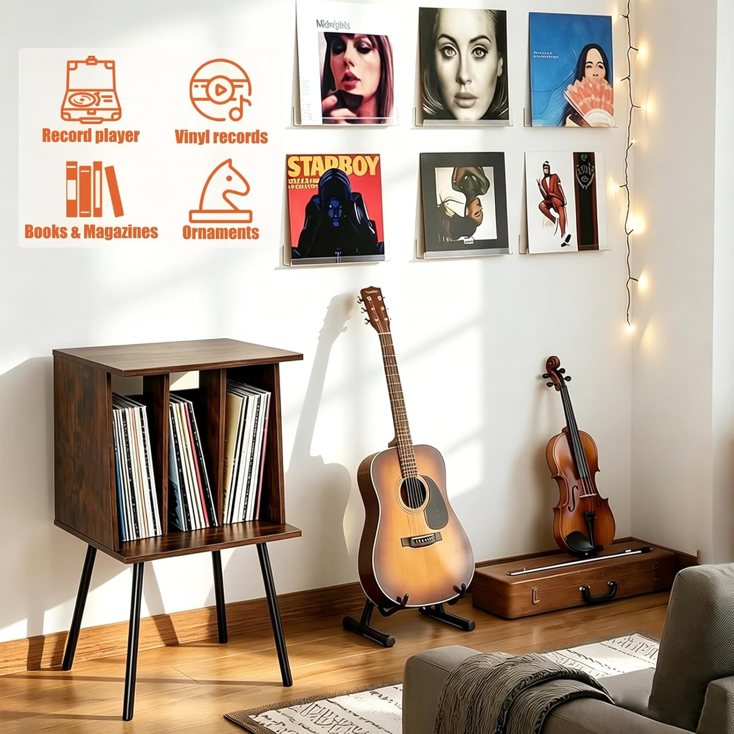 Record Player Table, Vinyl Record Stand, Vinyl Record Holder with Legs, Mid Century Modern Side Table for Record, Magazine, Books