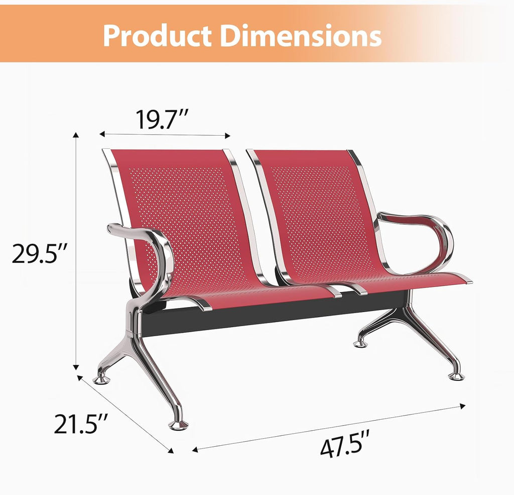 Kinfant 2-Seat Waiting Room Chair - Office Guest Reception Chairs with Ergonomic Backrests, Airport Waiting Bench with Armrests, Metal Waiting Furniture for Hospital, Bank, Salon, Dark Red