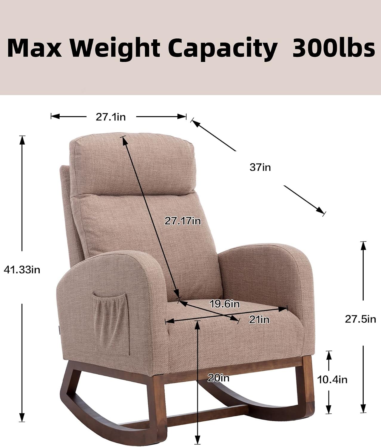 Rocking Accent Chair for Nursery, Upholstered Glider Nursery Chair with Breathable Fabric for Bedroom, Living Room, Camel