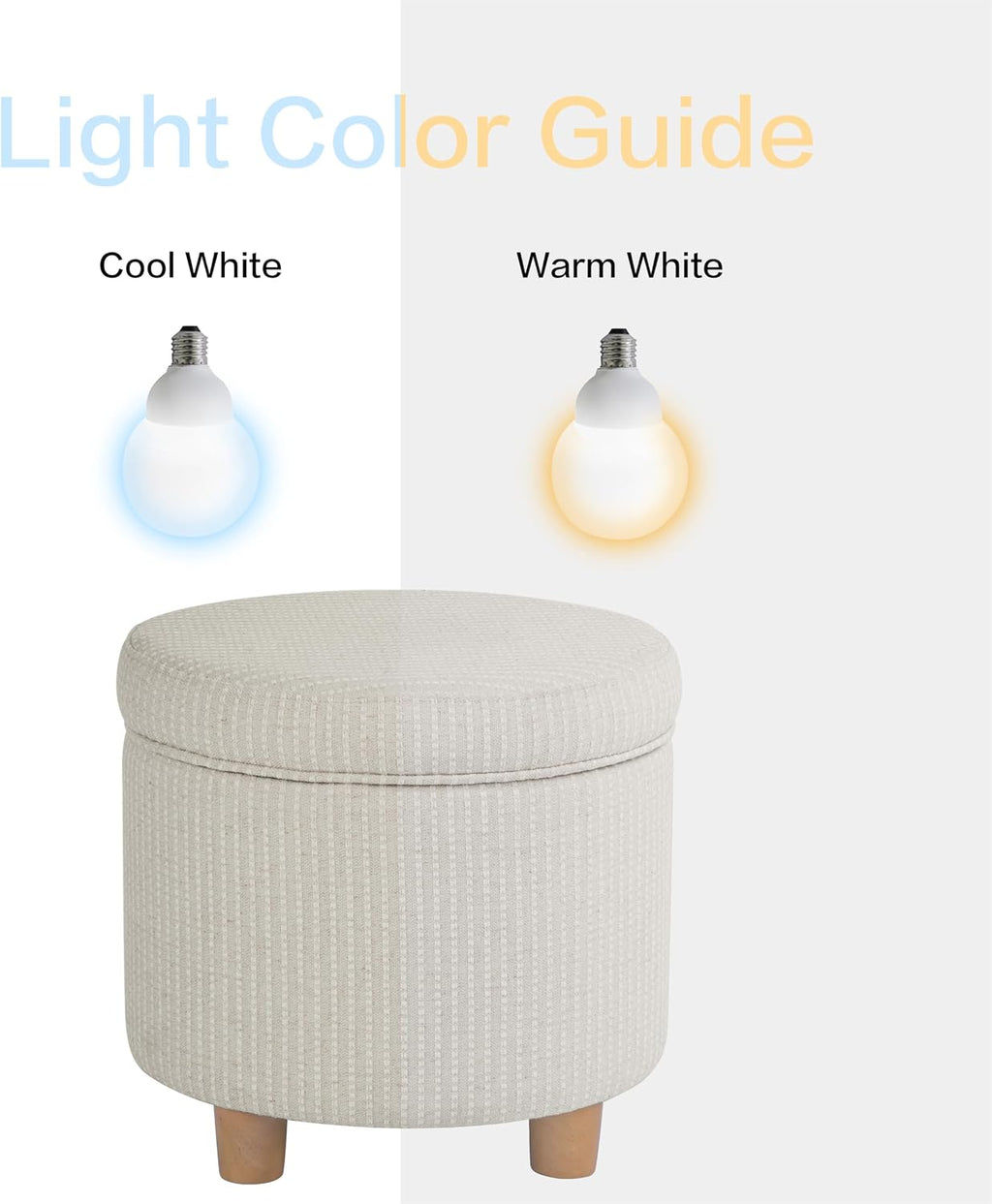 Homepop Home Decor | Upholstered Round Storage Ottoman | Ottoman with Storage for Living Room & Bedroom, White Woven Stripe